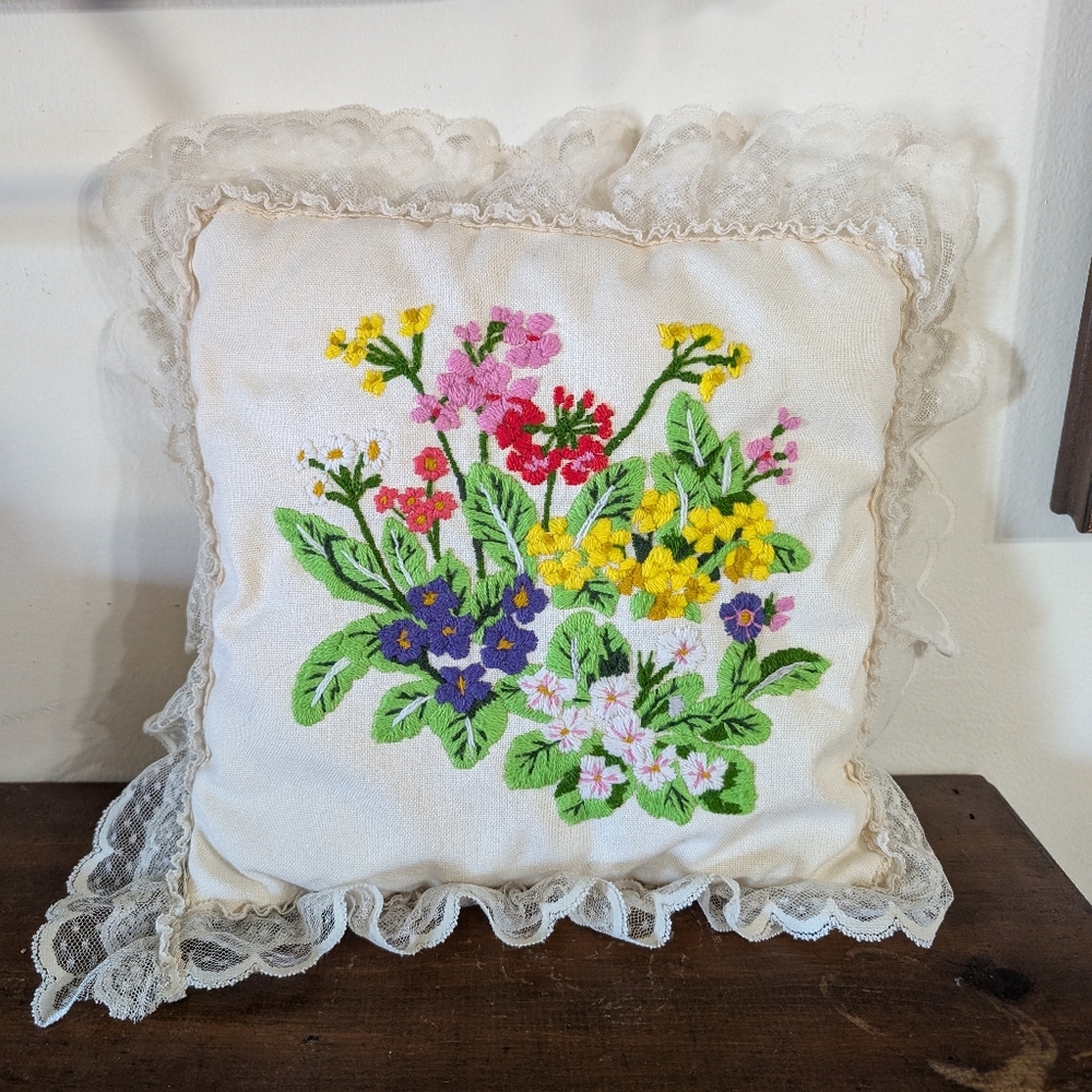 Vintage Crewel Floral Pillow with Ruffled Lace Trim Handmade Throw Cottagecore